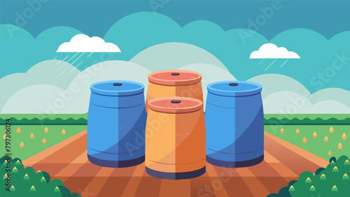 Rain barrels line the edges of a field collecting and storing rainwater for later use in irrigation or other farming needs.