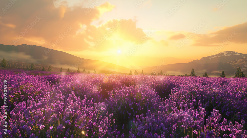Purple lavender fields blooming in the golden sunlight in the morning.