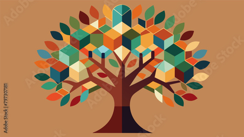 A mosaic made up of small tiles in various shades of skin tone forming the shape of a tree with roots intertwining to symbolize interconnectedness and. Vector illustration
