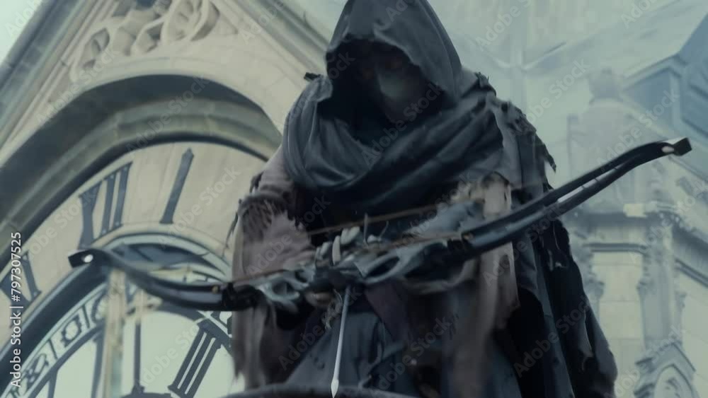 Masked vigilante in tattered robes stands atop Gothic clock tower, silver-tipped crossbow at the ready. Ominous atmosphere suggests dark purpose and impending action against injustice.
Masked vigilante in tattered robes stands atop Gothic clock tower, silver-tipped crossbow at the ready. Ominous atmosphere suggests dark purpose and impending action against injustice.
