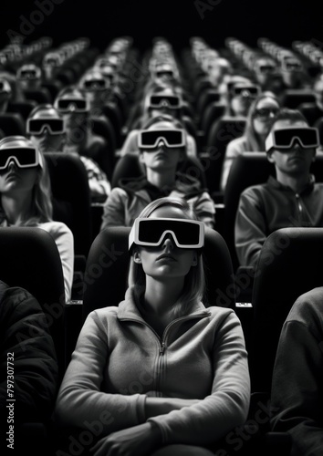 A lot of people in the cinema watching movie wearing 3d eye glass photography portrait glasses.
