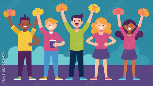 The party hosts lead the group in a cheer for the new team complete with pom poms and foam fingers.