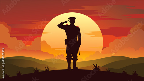 Remembrance and Gratitude A poignant image of a soldier saluting towards the sky surrounded by the fading light of a sunset honoring the fallen heroes. Vector illustration