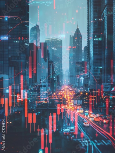 Wallpaper Mural Crisis in economic concept shown by declining graphs and digital indicators overlap modernistic city background. Double exposure. hyper realistic  Torontodigital.ca