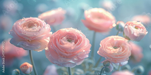 Soft Pink Ranunculus Flowers with Dewdrops in Gentle Light