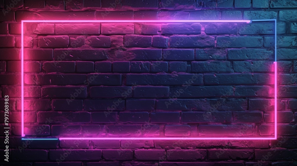 Blank rectangle neon light, electric power around frame lights. Empty background Blank rectangle neon light, electric power around frame lights. Empty background