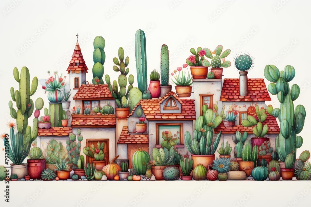 Fototapeta premium Cacti Fiesta Illustrate a group of cacti and succulents having a party, complete with tiny festive decorations