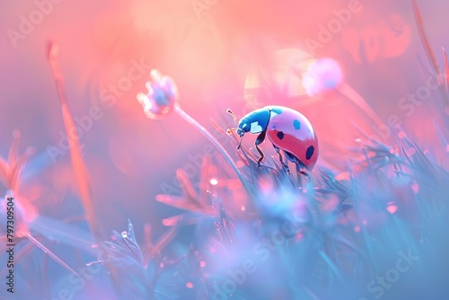 A macro capture of a luminous ladybug against a pastel landscape, showcasing the delicate beauty of these tiny, vibrant insects