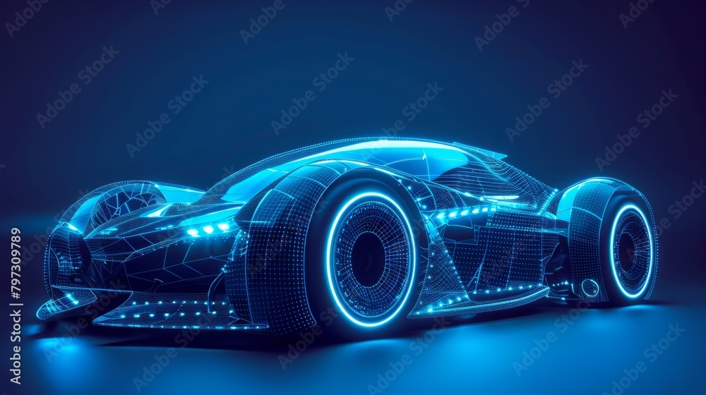 Frontside Futuristic AR car wireframe concept, generative ai, Augmented reality wireframe of car concept with blue background hyper realistic 