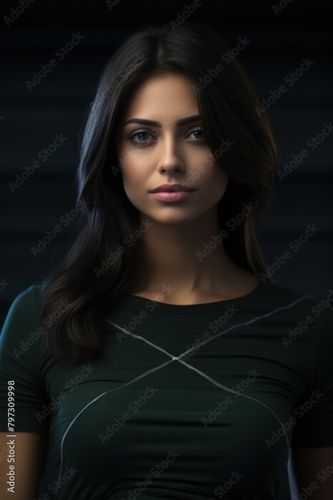 Naklejka premium a woman with long hair wearing a black shirt