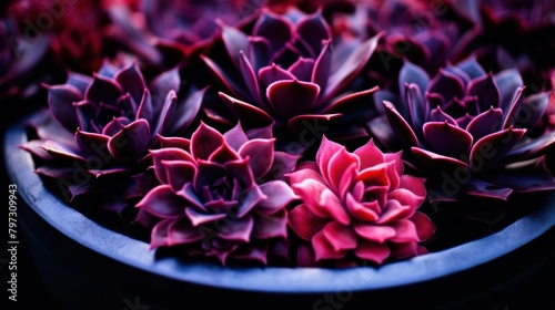 a group of purple succulents in a blue bowl photo