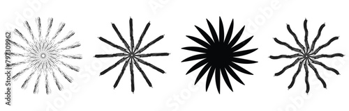 Sunburst element radial strips. Circular pattern of radial, radiating lines. Monochrome starburst, sunburst element. 