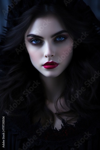 a woman with long black hair and red lipstick
