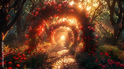 Illustrate a secluded corner of an impressionist garden, where sunlight filters through a dense floral archway photo