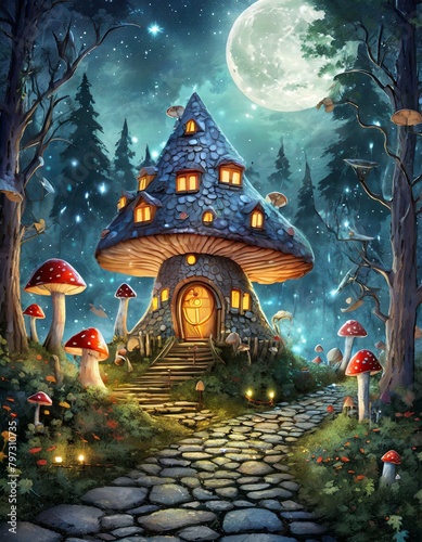 森の中の可愛いキノコの家と石畳の道と満月