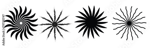 Sunburst element radial strips. Circular pattern of radial, radiating lines. Monochrome starburst, sunburst element. 