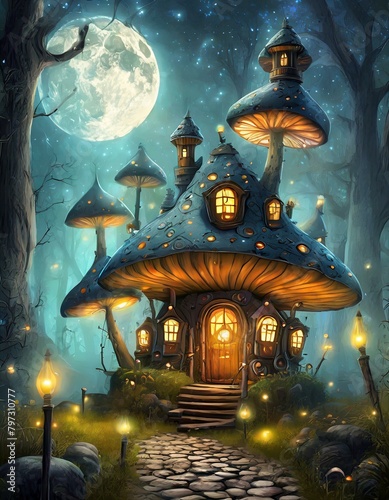 森の中の不気味なキノコの家と満月