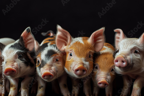 Curious Piglet Quintet Poses Against a Dark Studio Background photo