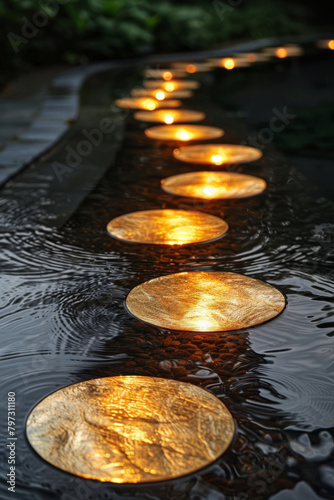 Illuminated Golden Stepping Stones in a Serene Water Garden