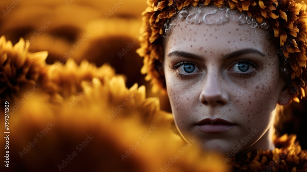 a woman with freckles and a wreath of flowers
