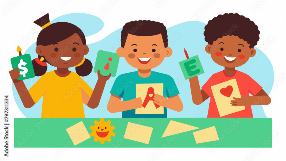 Smiling children ting out letters and images to glue onto homemade Juneteenth parade banners.. Vector illustration Smiling children ting out letters and images to glue onto homemade Juneteenth parade banners.. Vector illustration