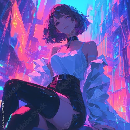 A cyberpunk girl with short brown hair and purple eyes, wearing a white crop top and black mini skirt, sitting on a rooftop in a city at night, with neon lights and skyscrapers in photo