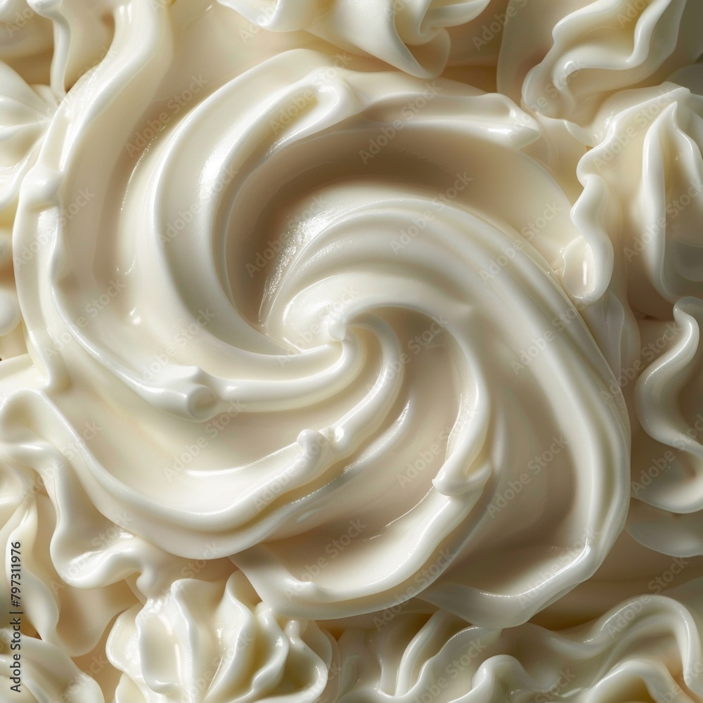 A close-up view of a mesmerizing white whipped cream swirl twirling gracefully. A close-up view of a mesmerizing white whipped cream swirl twirling gracefully.