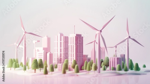 Illustration of wind turbines, green energy for the city, white background, Generative AI hyper realistic 