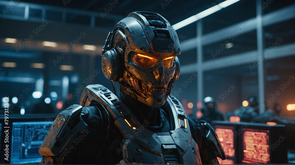 A cyborg soldier defending a high-security data center from a coordinated cyber attack. Generated AI. A cyborg soldier defending a high-security data center from a coordinated cyber attack. Generated AI.
