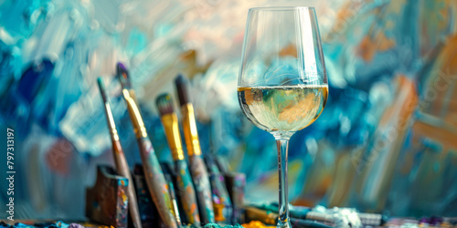 Glass of Wine Amidst Artistic Chaos of Paints and Brushes