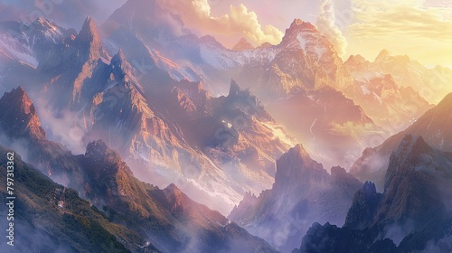 A majestic graphic landscape of rugged mountains, their peaks shrouded in mist as the morning sun casts a warm glow on the towering slopes photo