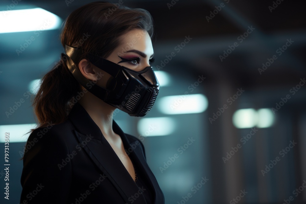 a woman wearing a black mask