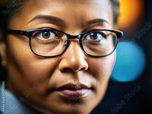 a close up of a woman wearing glasses