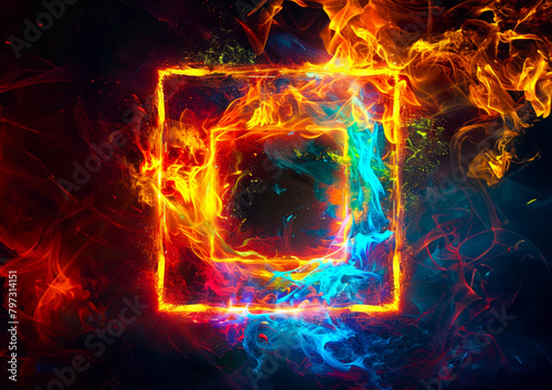 Fire blazing double square engulfed in multi-colored fire and colored plasma. A fantastic illustration of magic portal, frame, on a black background