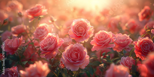 Sunlit Coral Roses Flourishing in a Magical Garden