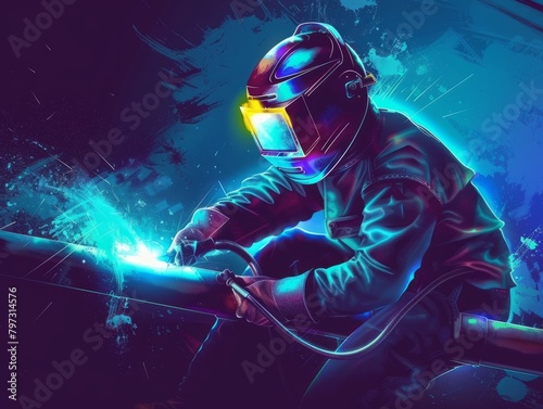 Professional welder with medium pipe, blue light background, space for text placement. 