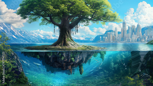 Big tree with nice view and underwater isolation background  Illustration