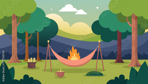 The peaceful and serene ambiance of a backyard transformed into a campsite with a hammock strung between two trees and a small bonfire burning