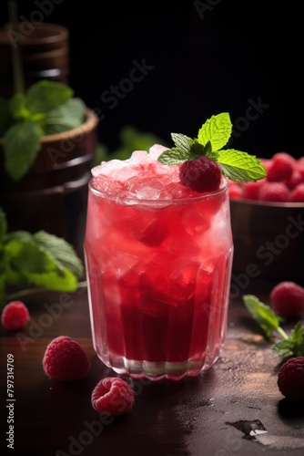 a glass of red drink with ice and berries