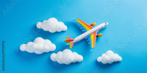 Creative Toy Airplane with Rainbow Trails Among Fluffy Clouds