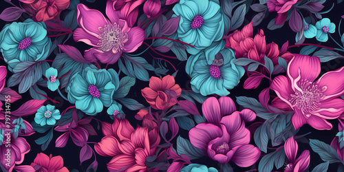purple  pink and turquoise floral pattern