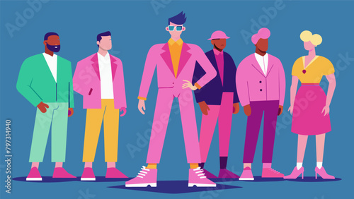 In a group of friends one man stands out in a neon pink suit and platform shoes unapologetically expressing himself through his fashion choices..