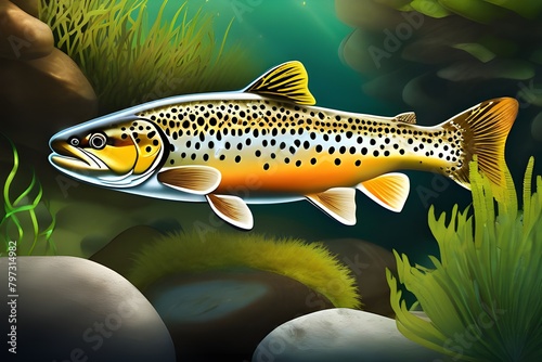 . A brown trout swimming in water, an immersive experience observing the Salmo trutta fario in its natural habitat. photo
