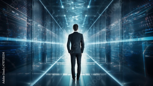 A businessman walking confidently through a digital corridor lined with virtual cyber security barriers.