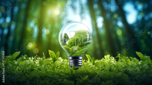 Light bulb with green forest inside on mossy ground with blurred forest background. Concept of eco-friendly energy solutions. Design for environmental campaigns, green energy promotion.