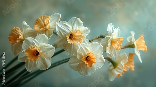 Paint an intimate portrait of a cluster of daffodils, their bright yellow turning to a soft, almost translucent white as they dry and wither