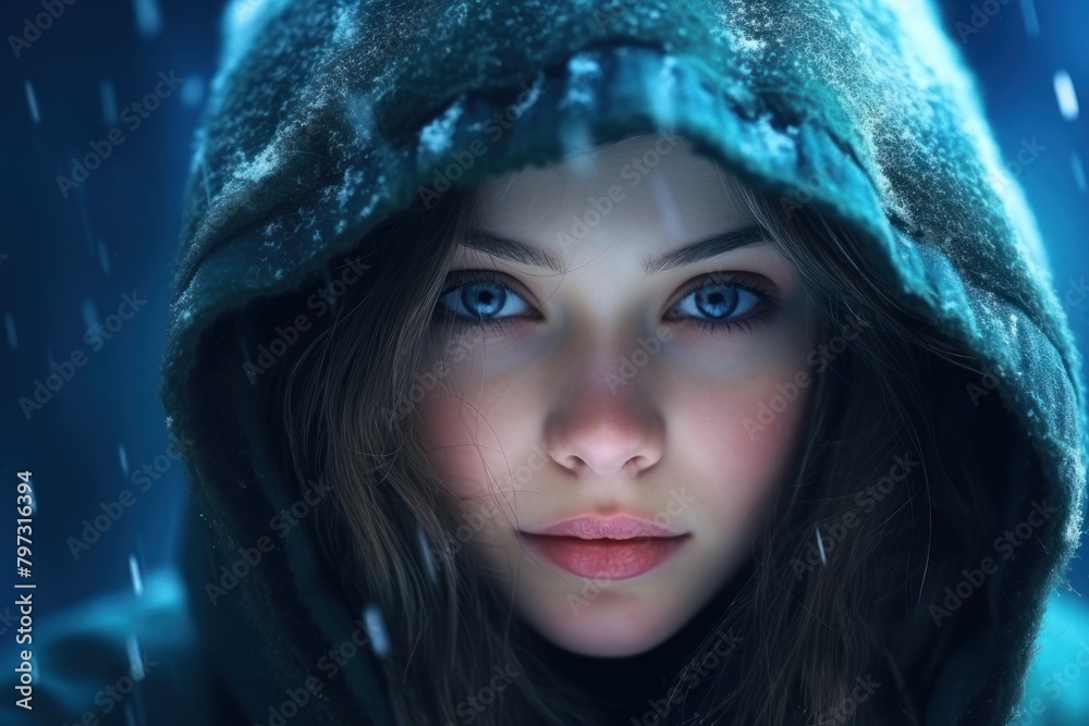 a woman with blue eyes wearing a hood a woman with blue eyes wearing a hood