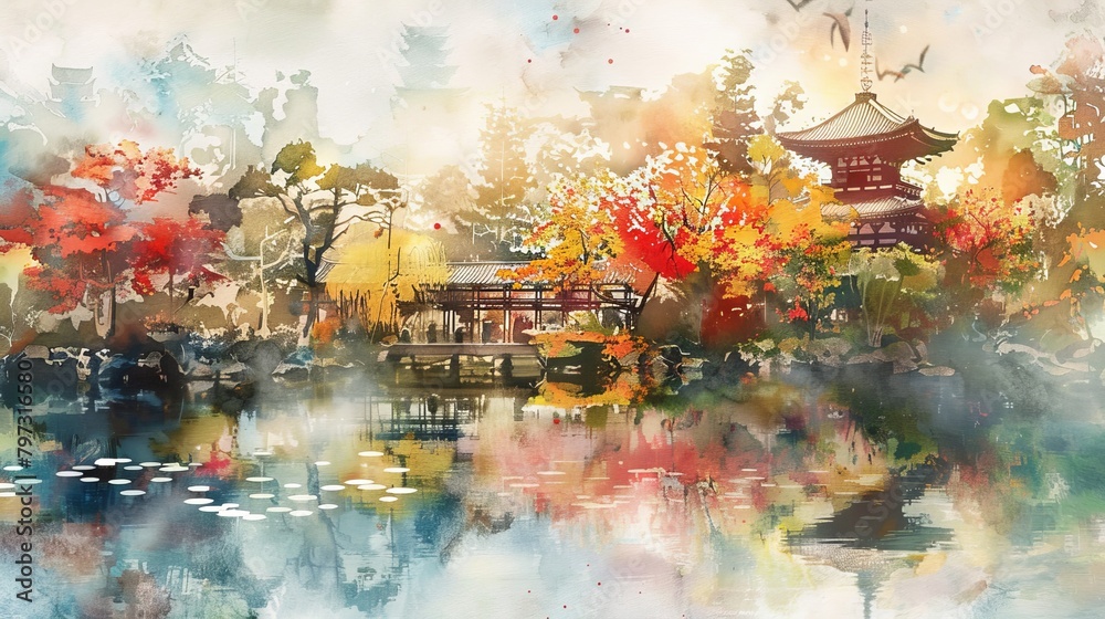 vintage watercolor painting of japanese garden with a pond