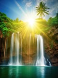a waterfall with trees and sun shining