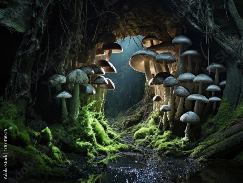 a group of mushrooms in a cave